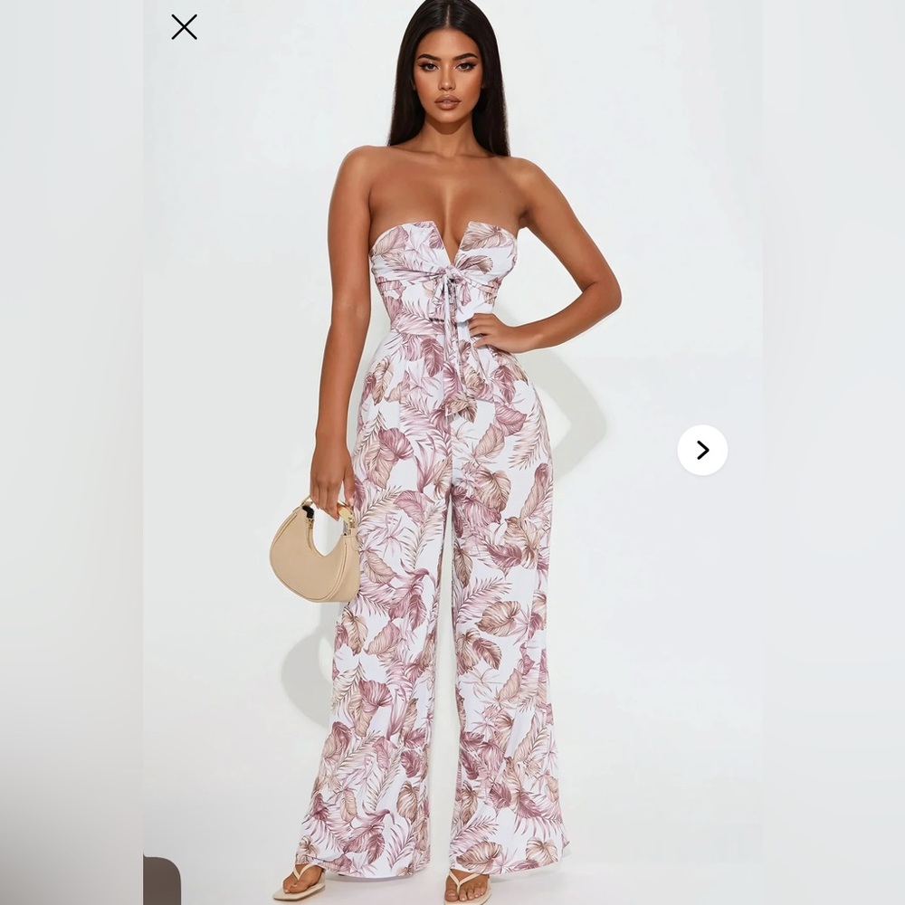 Fashion Nova Strapless Floral Jumpsuit in Pink and White